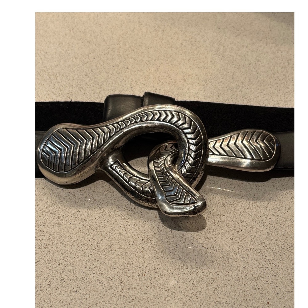 Vintage Black Leather Belt Silver Sculptural Chevron Etched Buckle Bohemian 34in